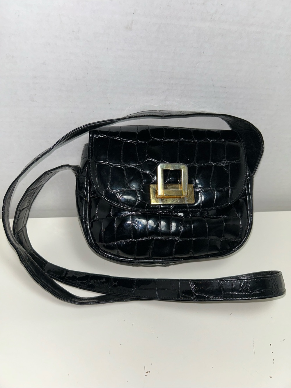 Stuart Weitzman Black Patent Croc Embossed Leather Shoulder Bag